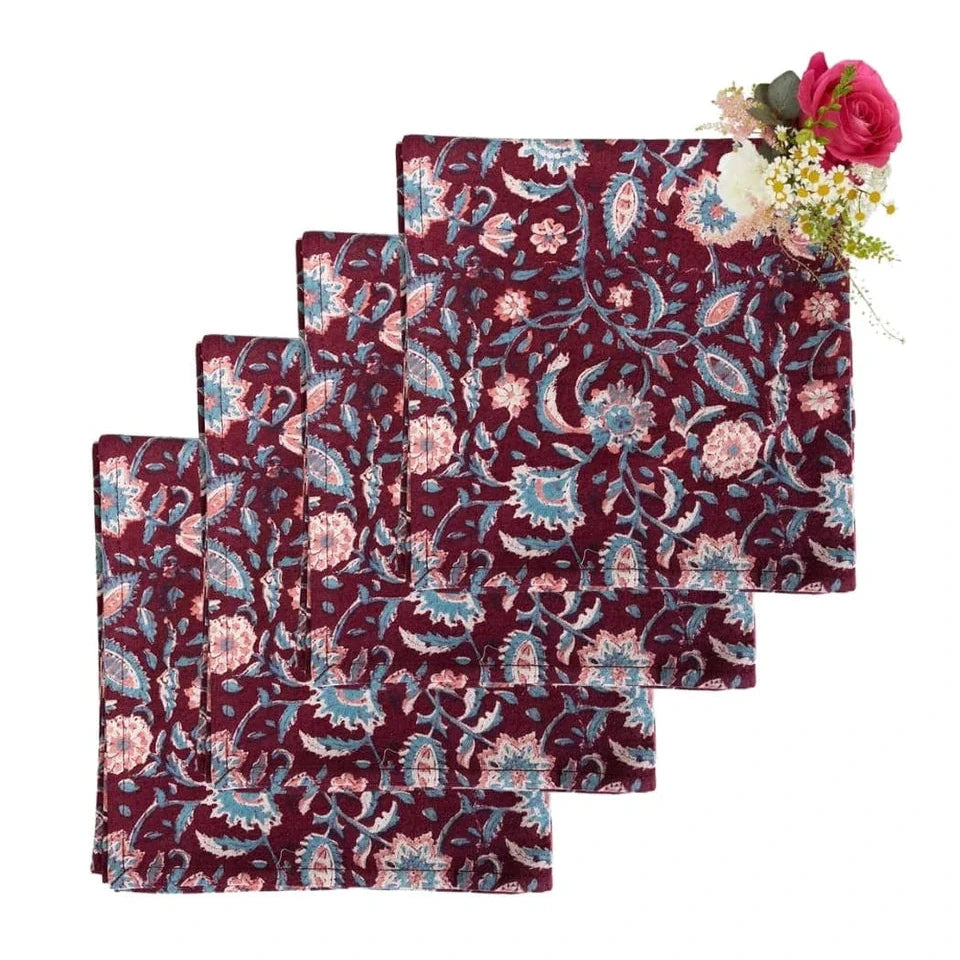 Set of 4 Maroon Floral Table Napkins | Cass By JJ