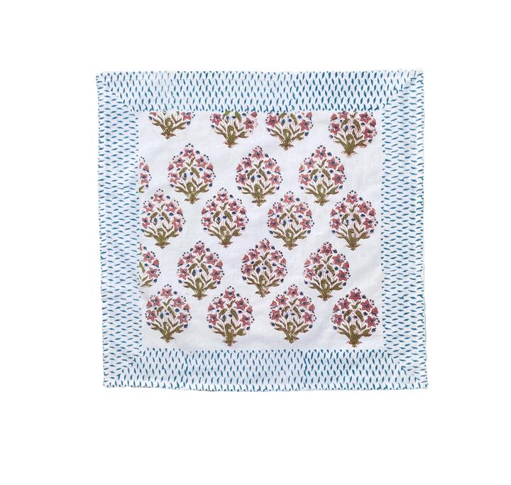 floral pink and blue block print cotton napkin mews furnishings