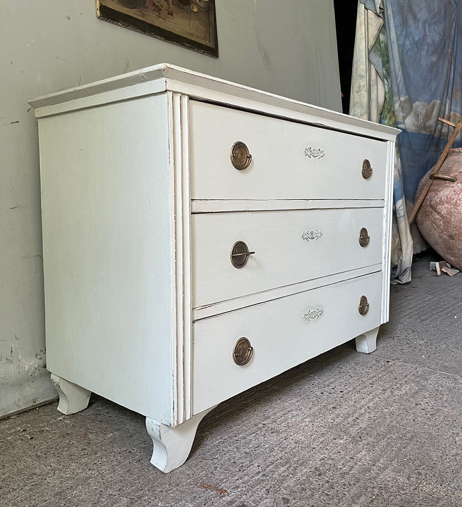 Neo-Classical Antique Pine Commode/ Chest of Drawers in Old White