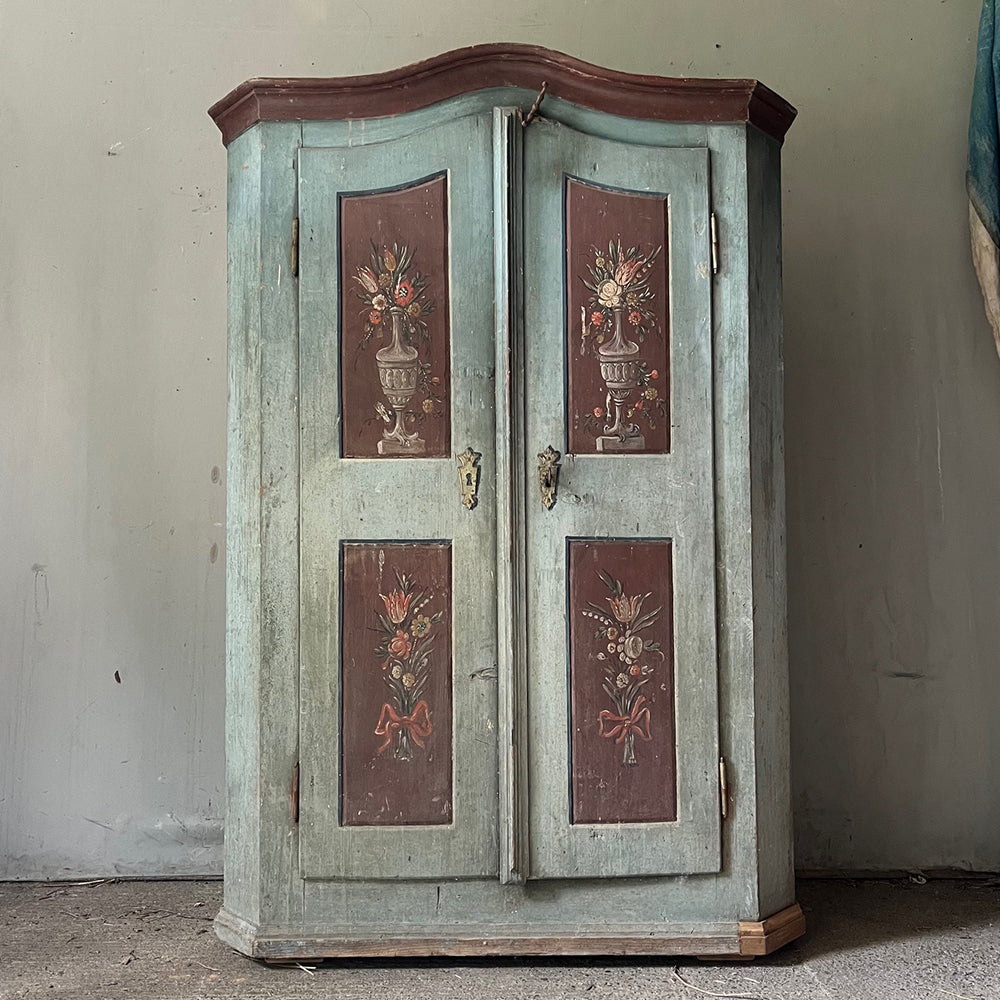 Neo-Classical Folk Marriage Cupboard in Powder Blue with Flowers