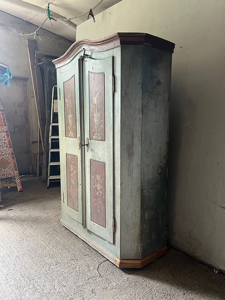 Neo-Classical Folk Marriage Cupboard in Powder Blue with Flowers