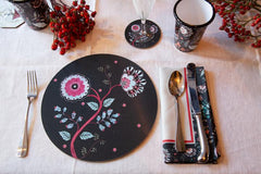 Midnight Blossom' Black Floral Round Coaster