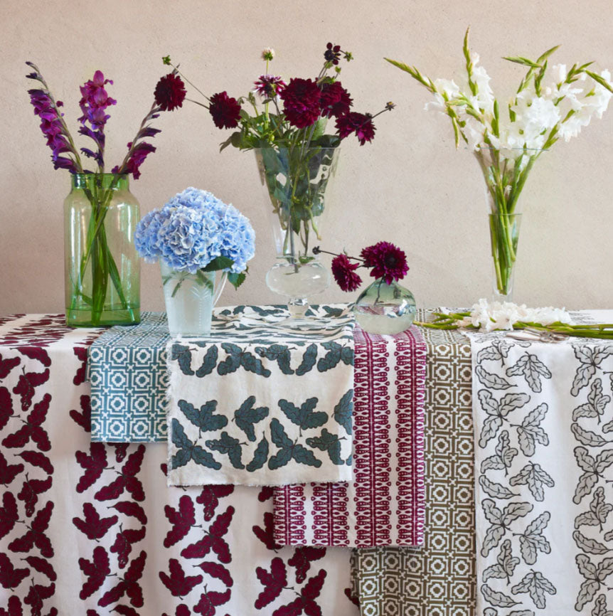 Oak Leaf Patterned Linen Fabric in Raspberry Pink | Kelling Home