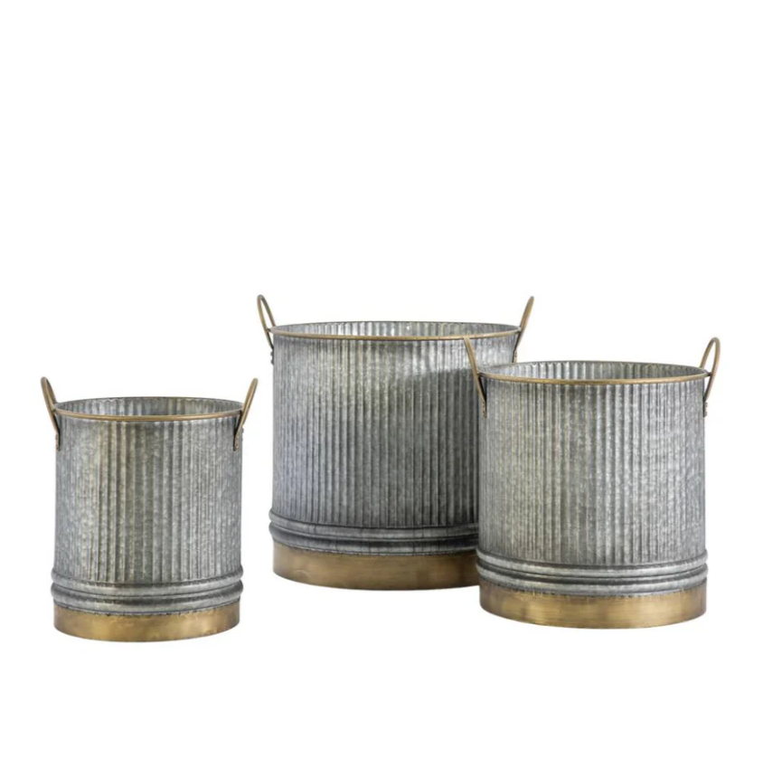 Ribbed with Gold Effect Galvanised Metal Garden Planter