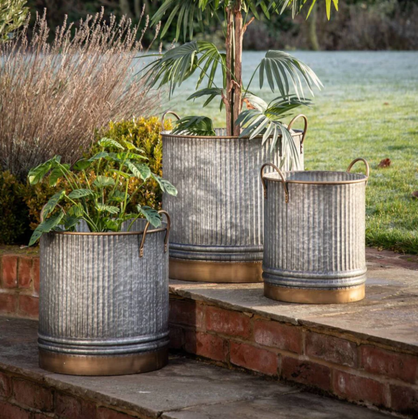 Ribbed with Gold Effect Galvanised Metal Garden Planter