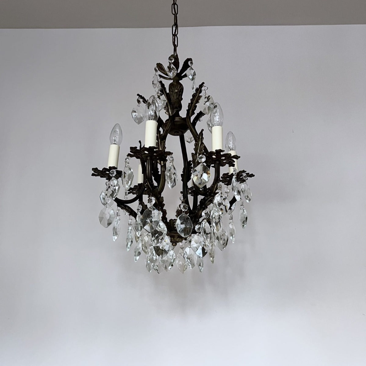 Ornate Italian Antique Birdcage Chandelier with Crystal Iceberg Drops