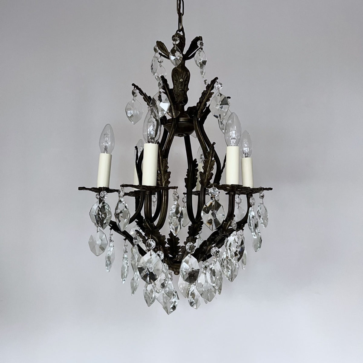 Ornate Italian Antique Birdcage Chandelier with Crystal Iceberg Drops