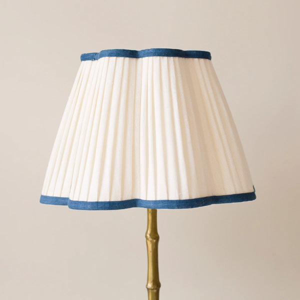 Scalloped Ivory Linen Lampshade with Navy Trim- Patton House  
