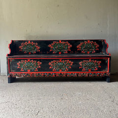 Painted Pine Folk Art Hall Bench with Tulips in Red & Blue | John Cornall