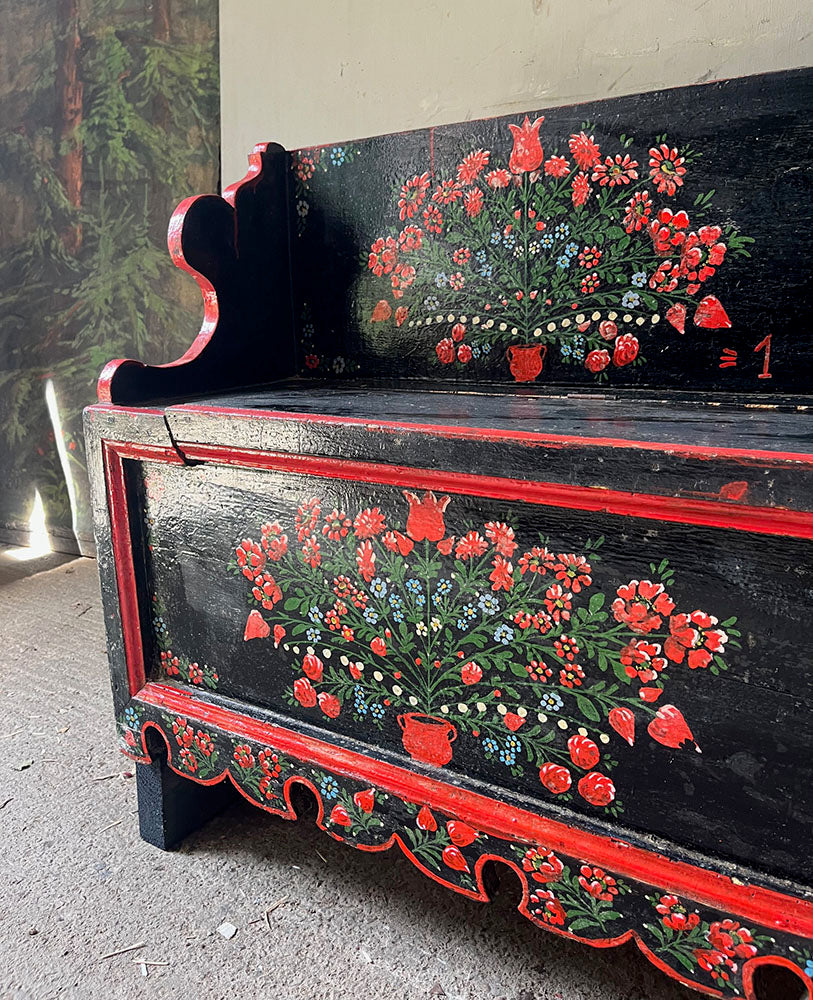 Painted Pine Folk Art Hall Bench with Tulips in Red & Blue | John Cornall