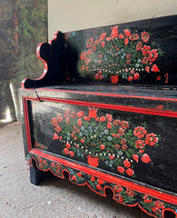 Painted Pine Folk Art Hall Bench with Tulips in Red & Blue | John Cornall