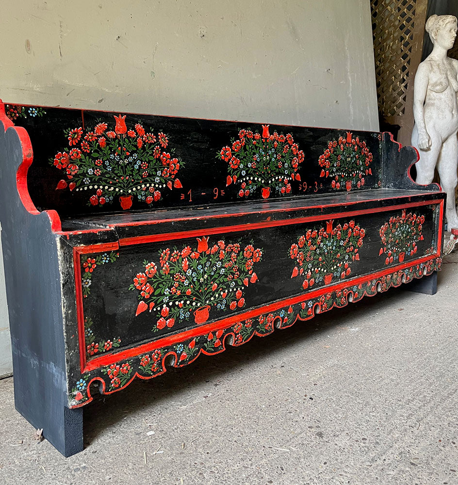Painted Pine Folk Art Hall Bench with Tulips in Red & Blue | John Cornall