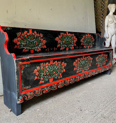 Painted Pine Folk Art Hall Bench with Tulips in Red & Blue | John Cornall