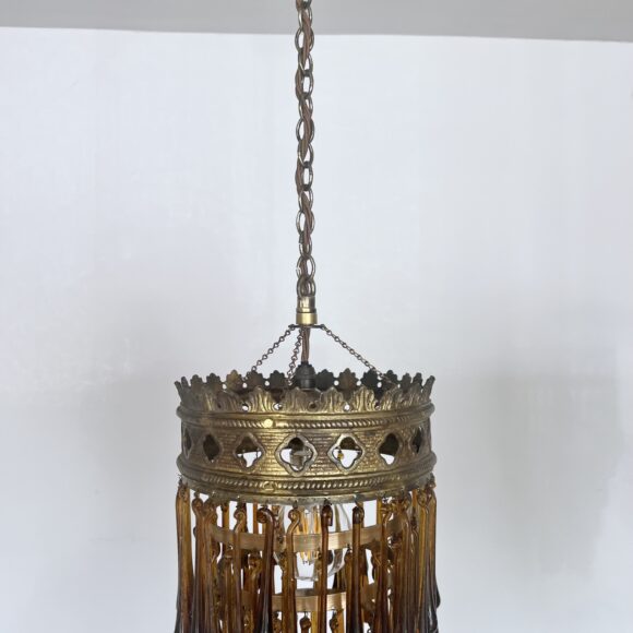 Pair of Antique Brass Waterfall Chandeliers with Brown Glass Teardrops