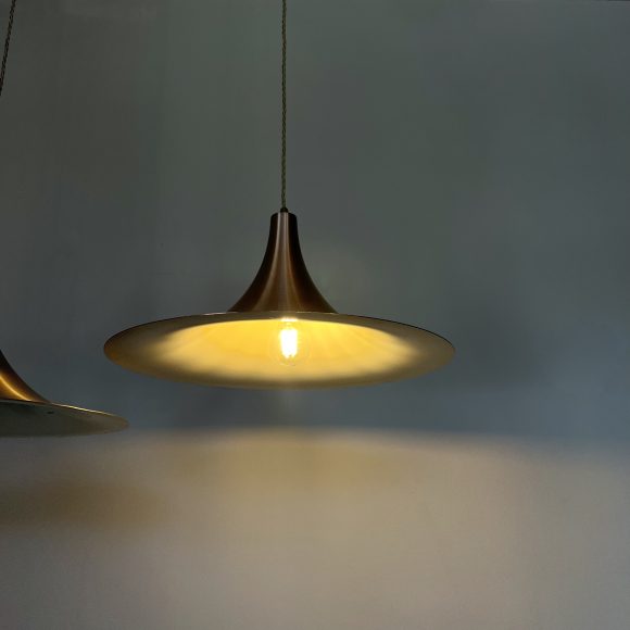 Pair of Mid Century Danish Spun Steel Trumpet Pendants | Vintage Lighting