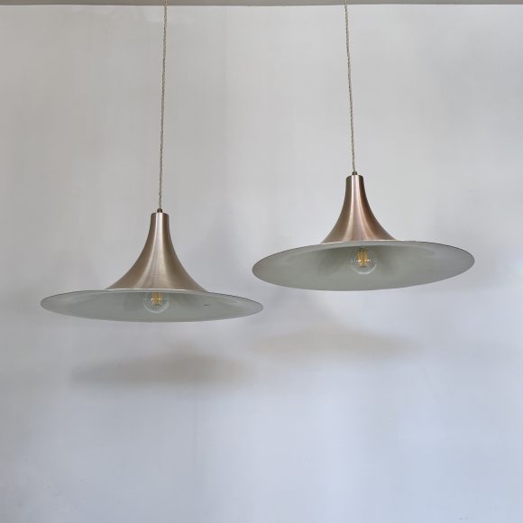 Pair of Mid Century Danish Spun Steel Trumpet Pendants | Vintage Lighting