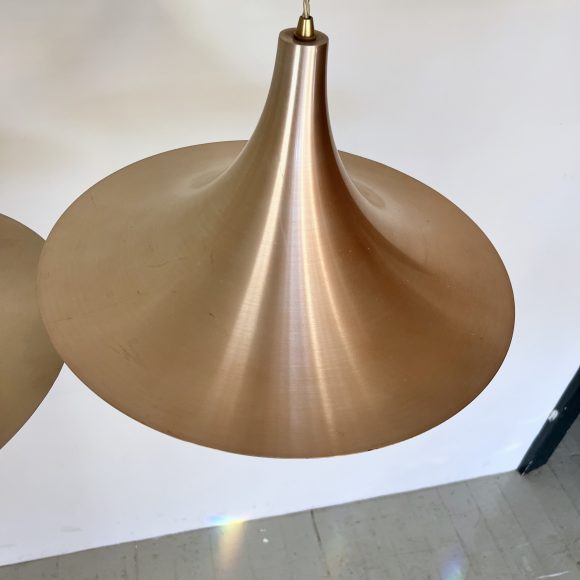 Pair of Mid Century Danish Spun Steel Trumpet Pendants | Vintage Lighting
