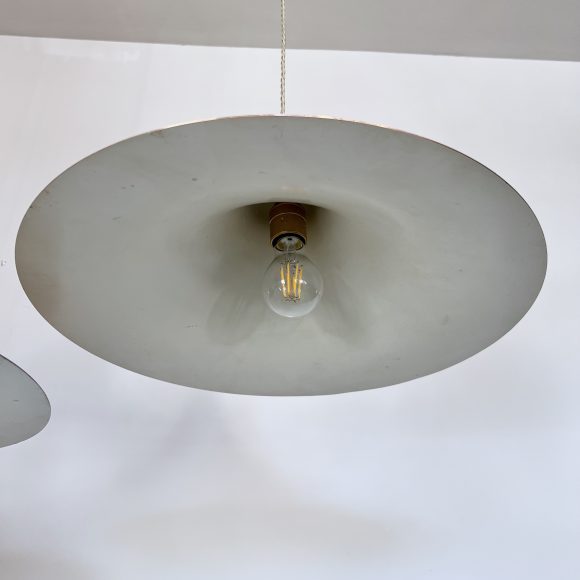 Pair of Mid Century Danish Spun Steel Trumpet Pendants | Vintage Lighting