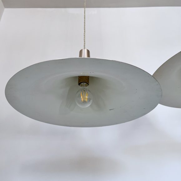 Pair of Mid Century Danish Spun Steel Trumpet Pendants | Vintage Lighting