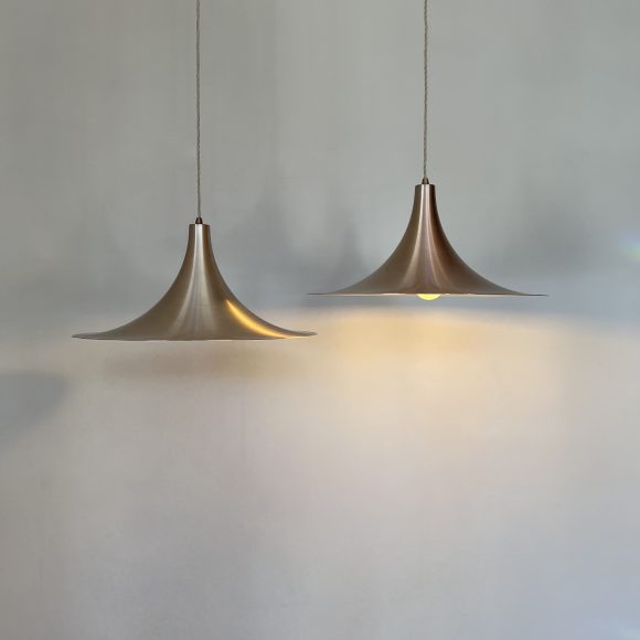 Pair of Mid Century Danish Spun Steel Trumpet Pendants | Vintage Lighting