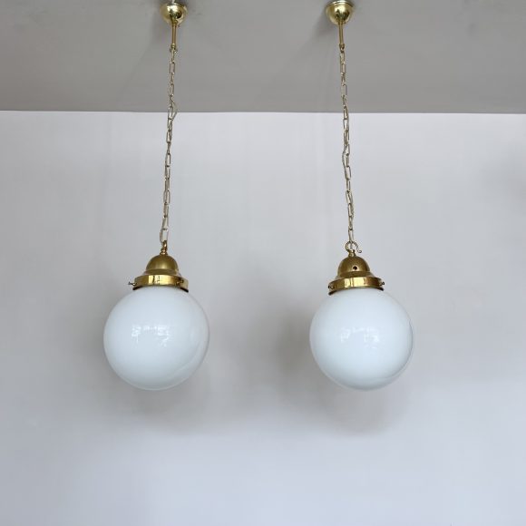 Pair of Vintage Opaline Globe Shades with Large Brass Bell Galleries