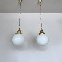 Pair of Vintage Opaline Globe Shades with Large Brass Bell Galleries