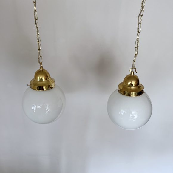 Pair of Vintage Opaline Globe Shades with Large Brass Bell Galleries