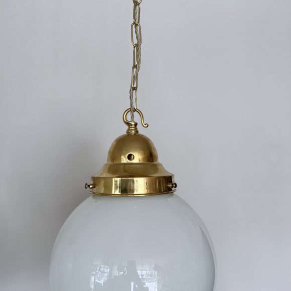 Pair of Vintage Opaline Globe Shades with Large Brass Bell Galleries