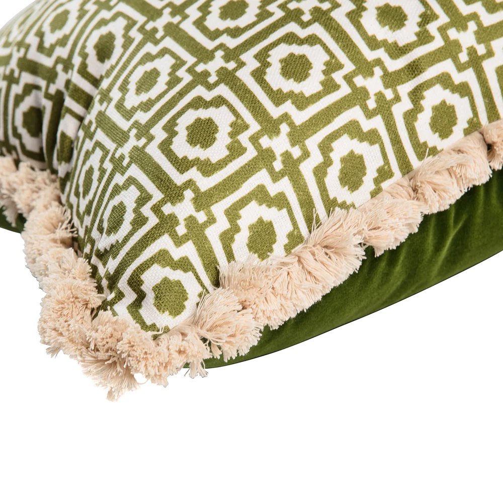 Alotablots' Cushion in Peridot Green with Green Velvet Back & Cream Fringe- Kelling Home