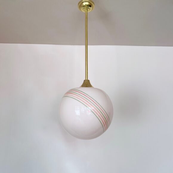 Mid Century Pink Opaline Shade with Red & Green Band Details