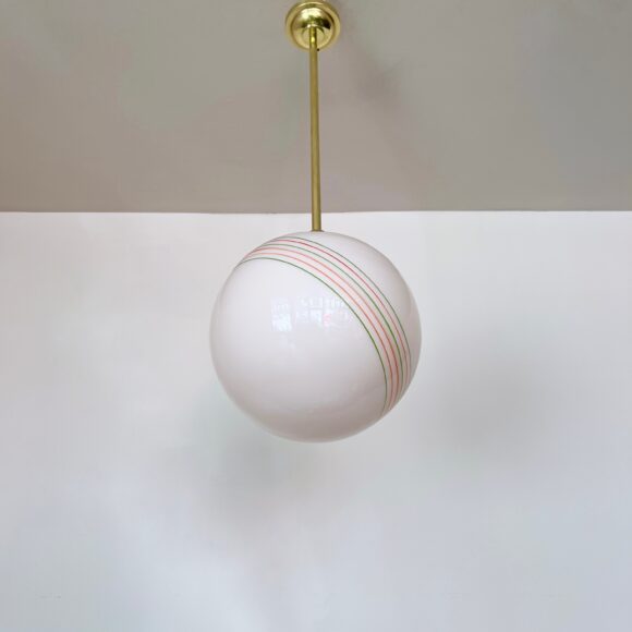 Mid Century Pink Opaline Shade with Red & Green Band Details