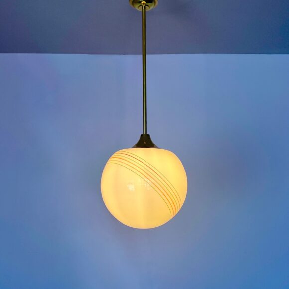 Mid Century Pink Opaline Shade with Red & Green Band Details