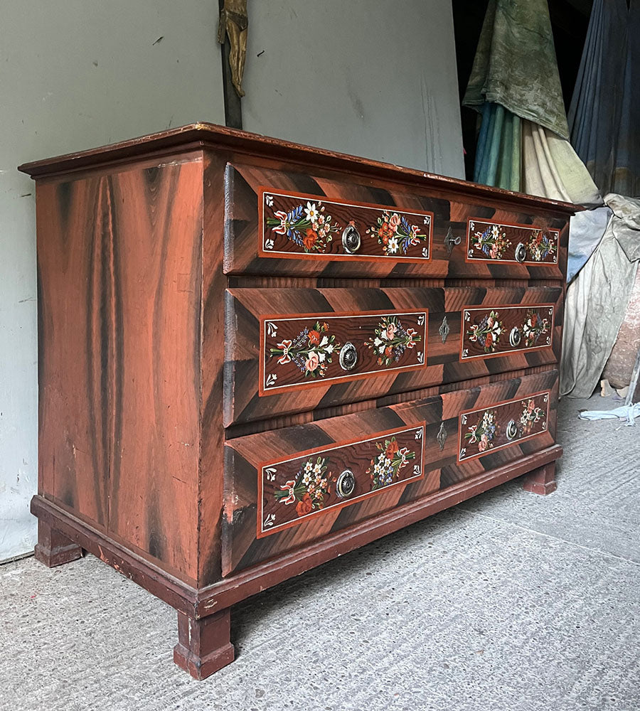 Large Antique Folk Painted Pine Commode/ Chest of Drawers