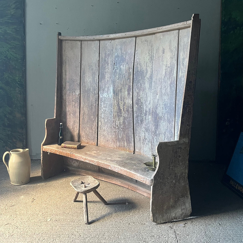 Rare Primitive Antique Elm Settle in Original Paint