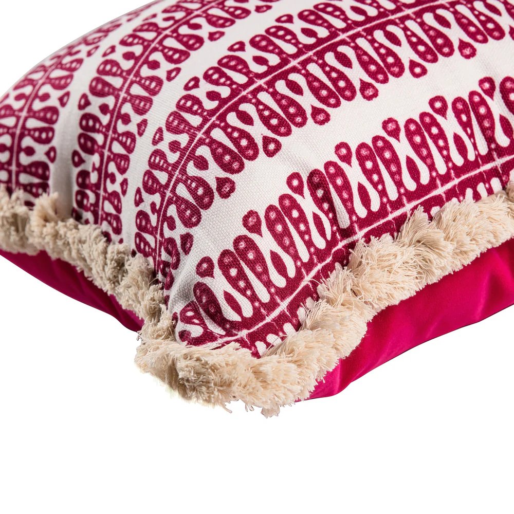 Hearts and Minds' Cushion in Raspberry with Raspberry Velvet Back & Cream Fringe- Kelling Home