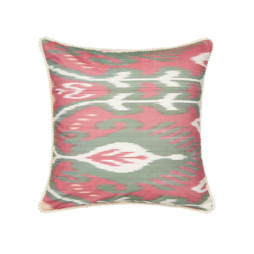Luxury Silk Square Raspberry Pink & Green Ikat Cushion