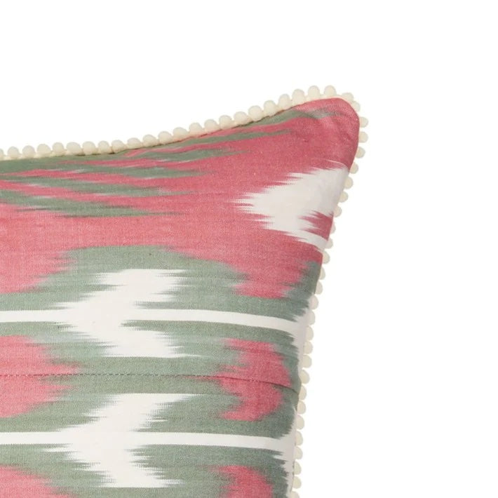 Luxury Silk Square Raspberry Pink & Green Ikat Cushion