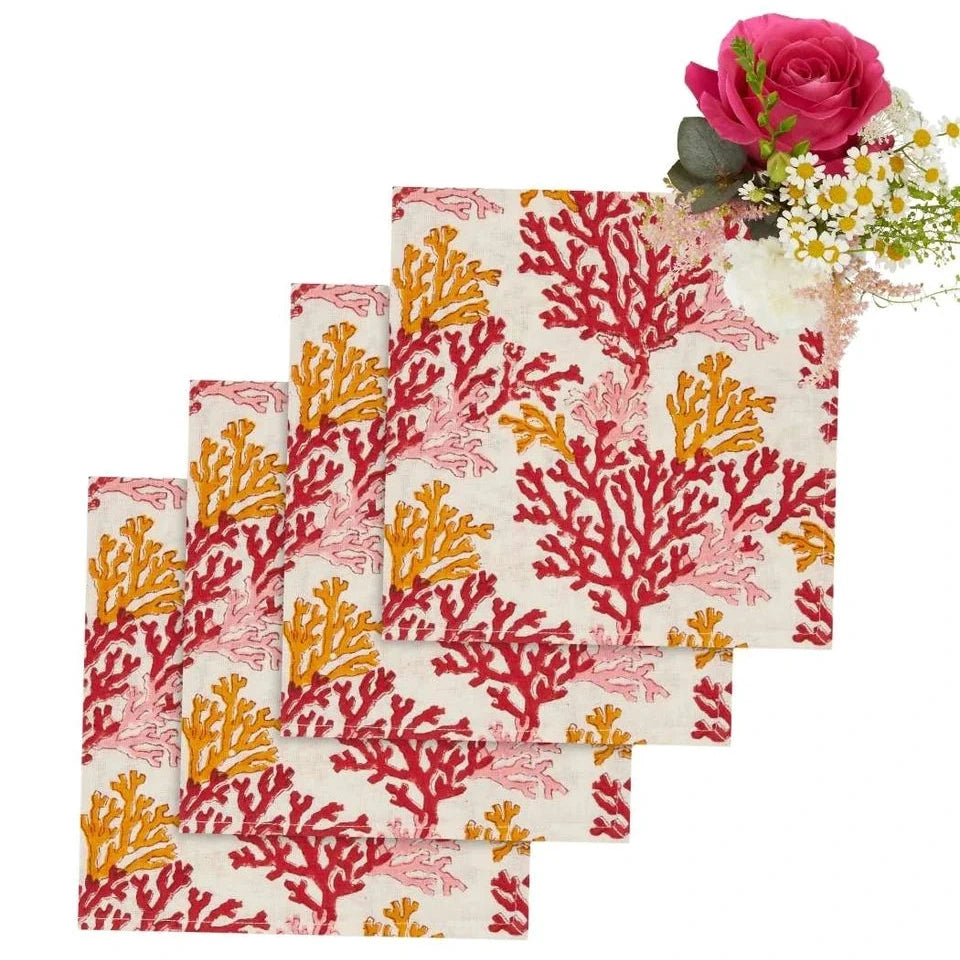 Set of 4 Pink, Red & Amber Coral Napkins | Cass By JJ