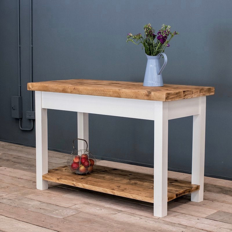 Victorian Style Oak Farmhouse Kitchen Island with Shelf