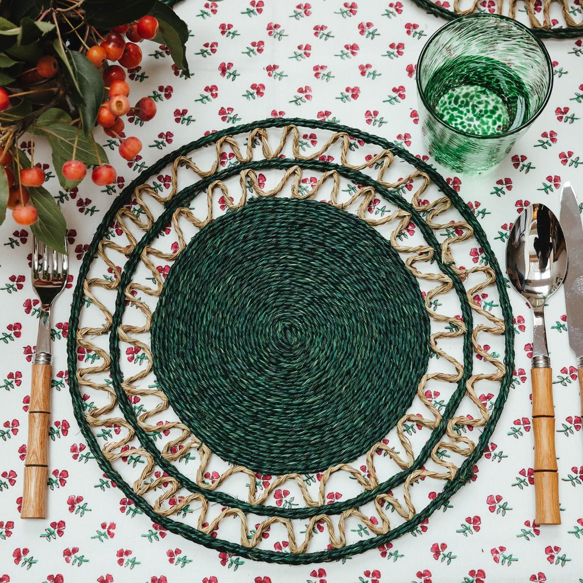 Natural Handwoven Placemat with Forest Green Border
