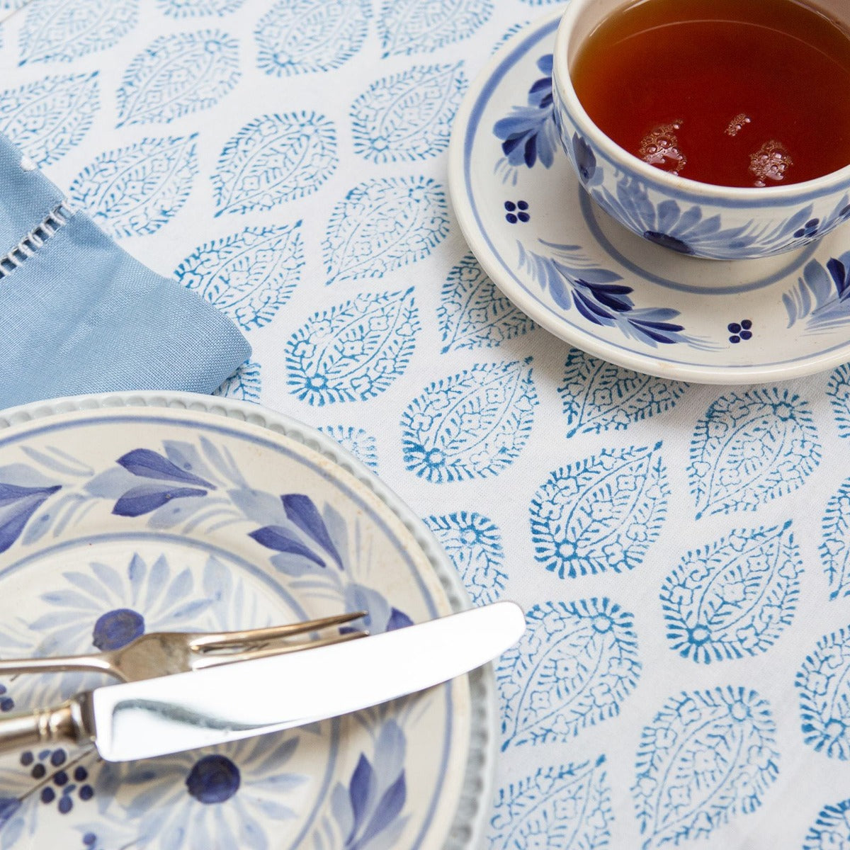 blue and white cotton block print tablecloth Sarah K