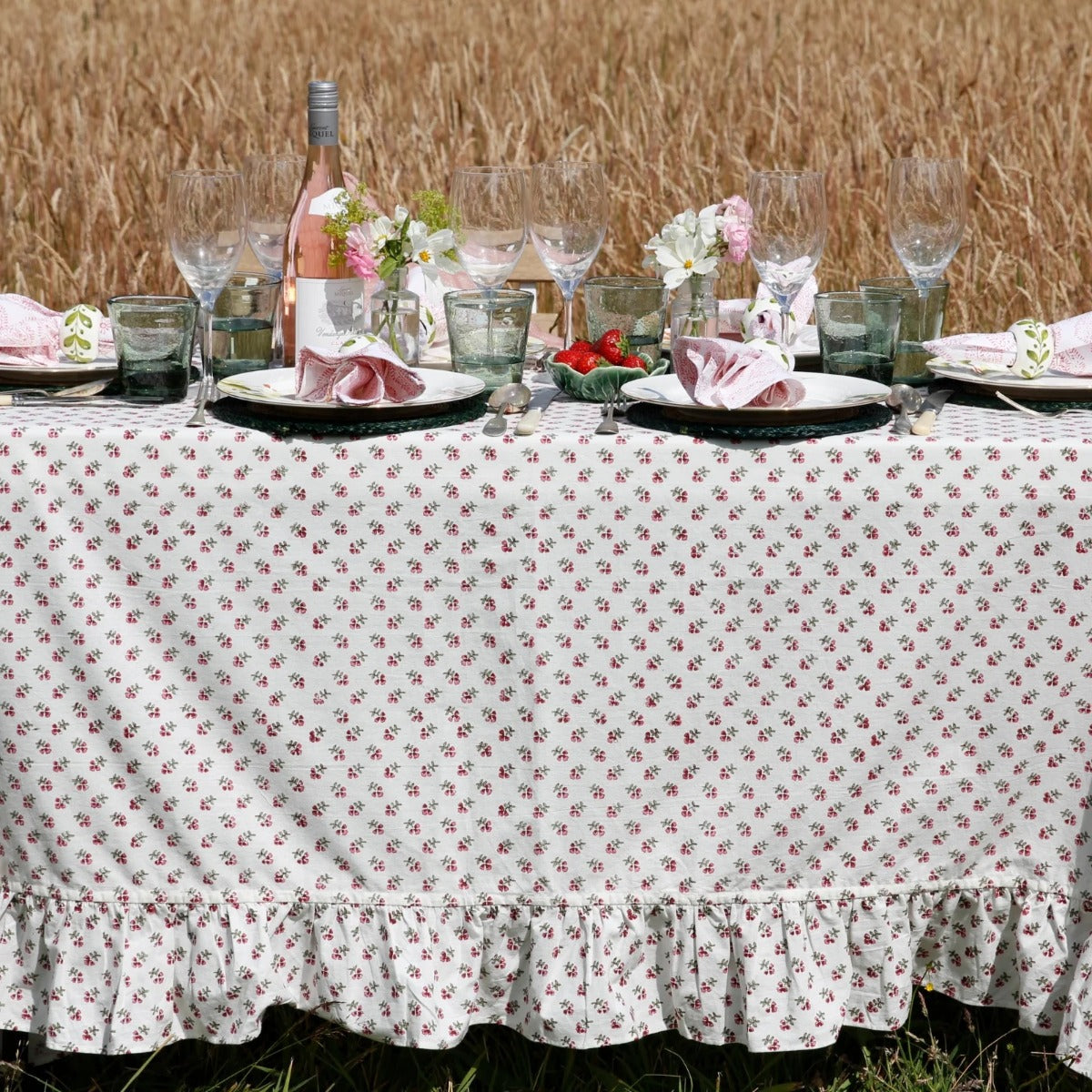 Ditsy' Pink Ruffle Handblock Printed Floral Tablecloth