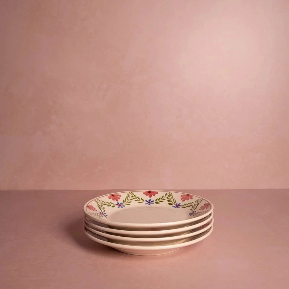 Set of 4 Hand-painted Pink & Blue Floral Side Plates | Casa by JJ