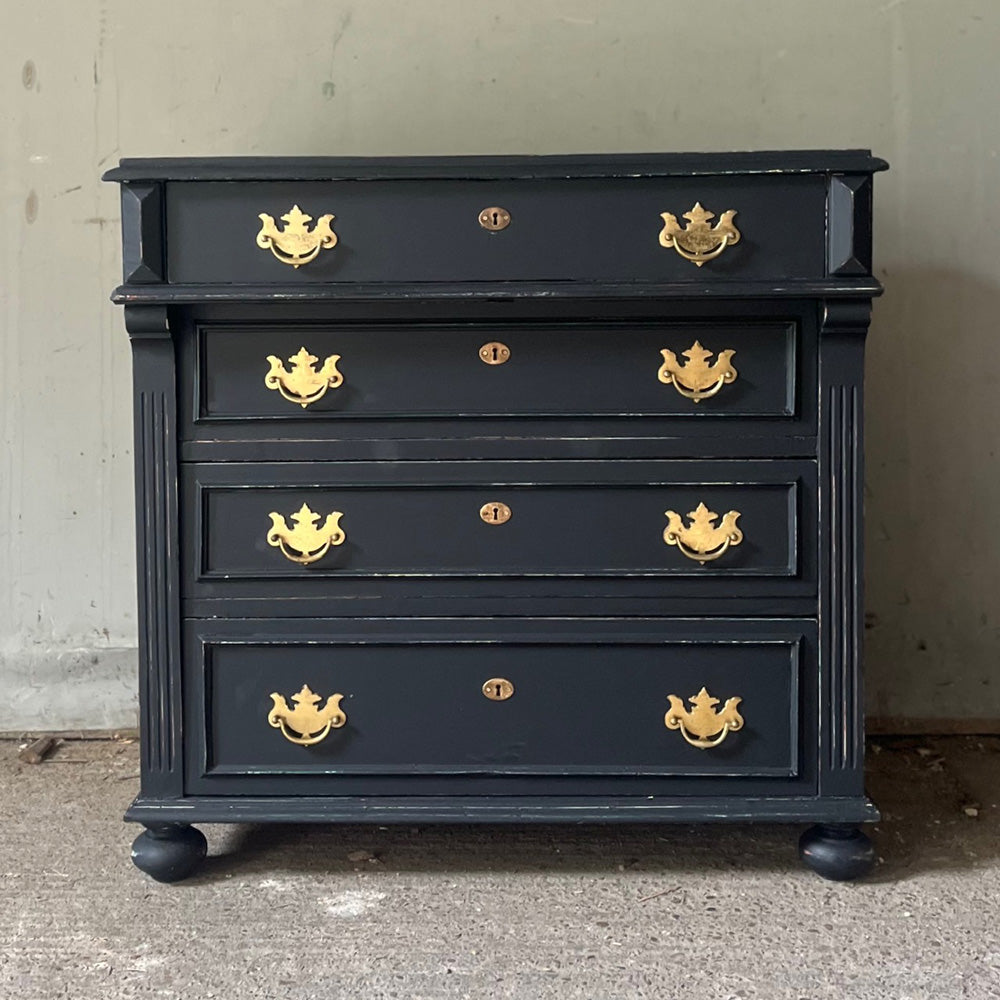 Small Antique Black Painted Pine Chest Of Drawers