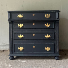 Small Antique Black Painted Pine Chest Of Drawers