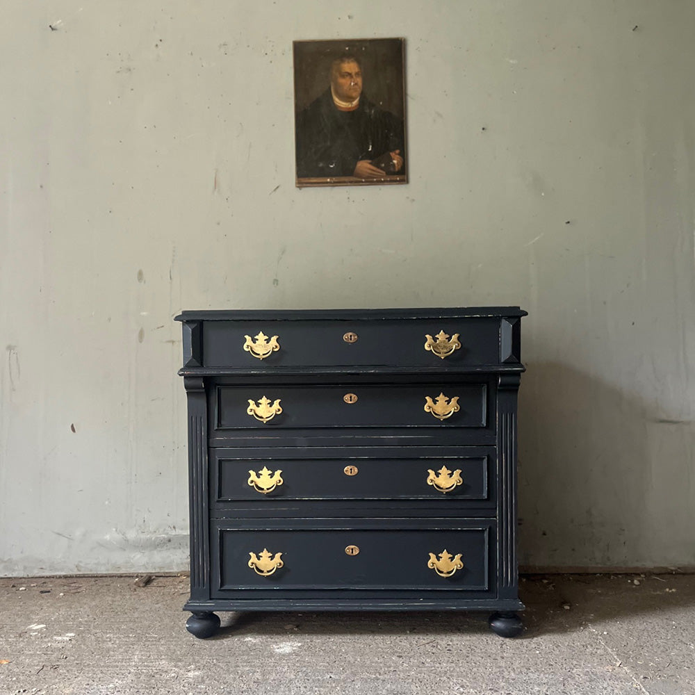 Small Antique Black Painted Pine Chest Of Drawers