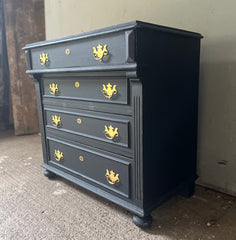 Small Antique Black Painted Pine Chest Of Drawers