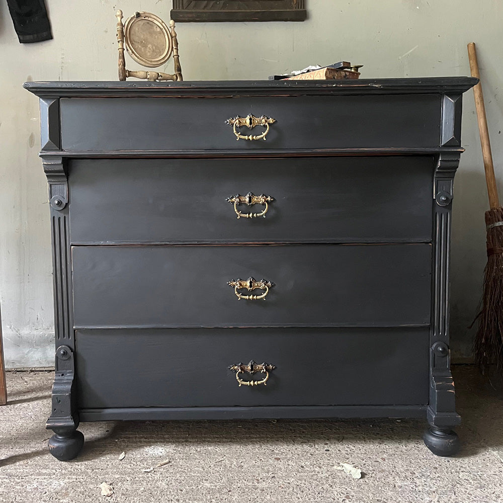 Small Antique Black Painted Pine Chest of Drawers