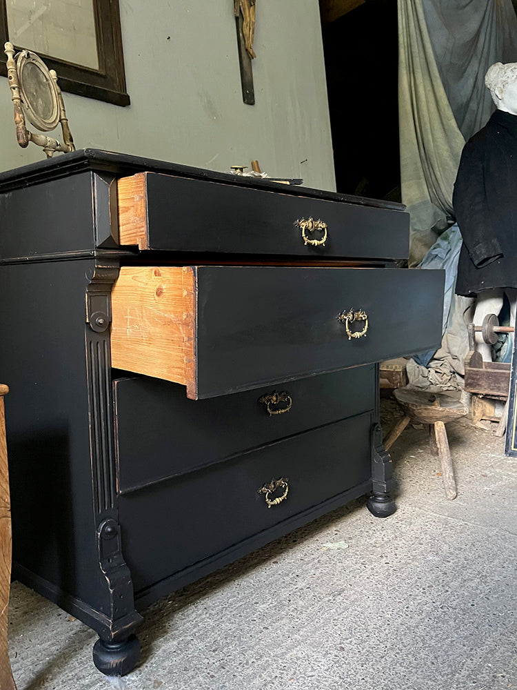 Small Antique Black Painted Pine Chest of Drawers