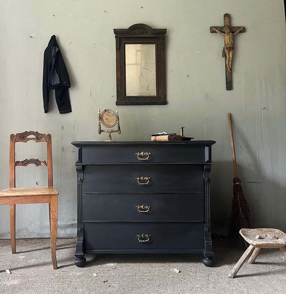 Small Antique Black Painted Pine Chest of Drawers